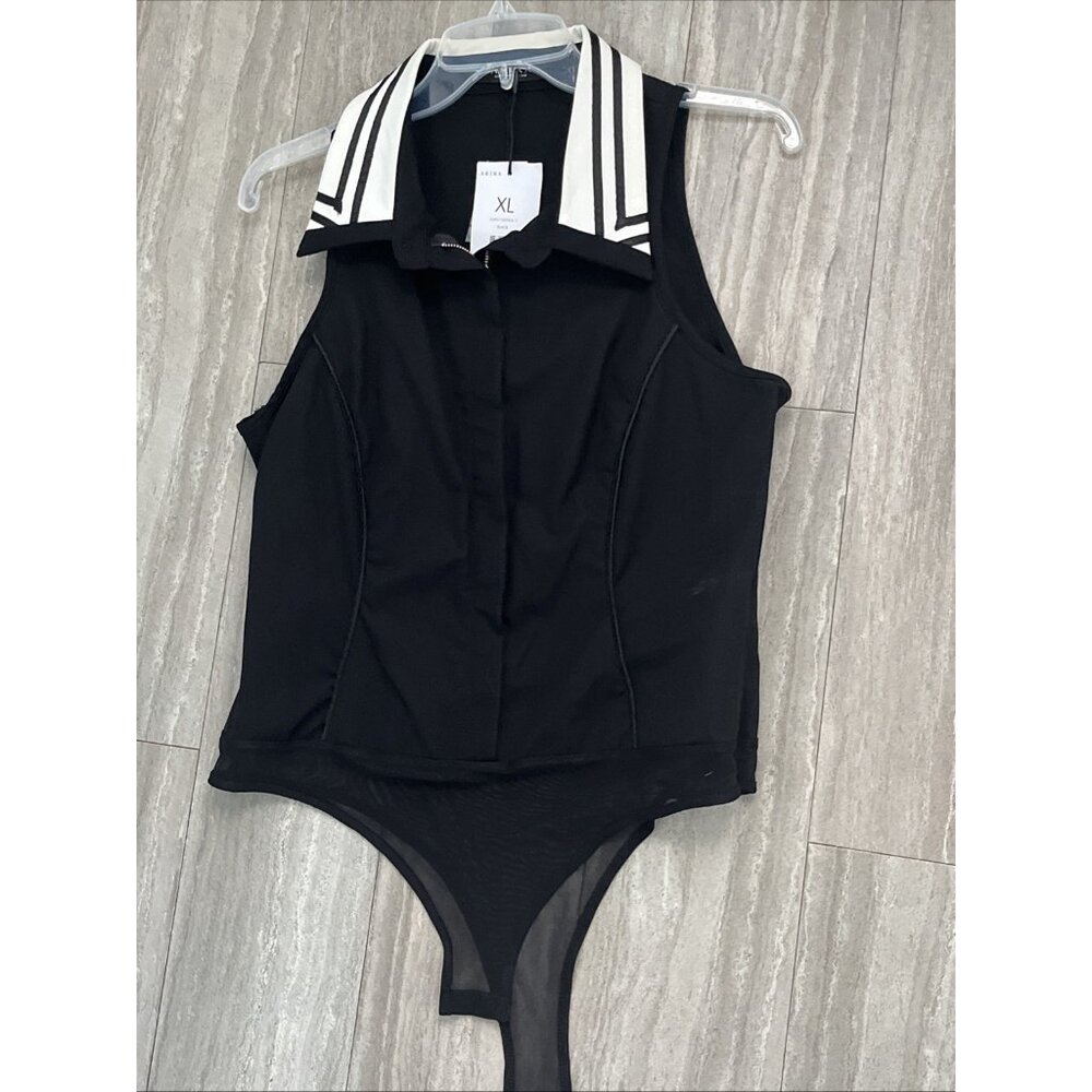 AKIRA Bodysuit XL Collar Sleeveless Black Zip Up New